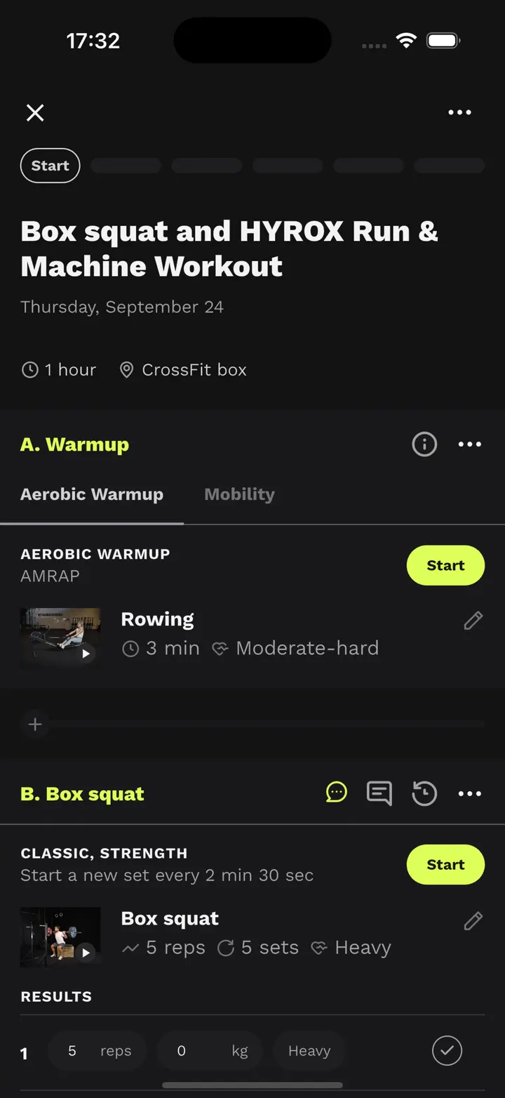 A session in the Relentless app with warm-up, rowing and box squats.