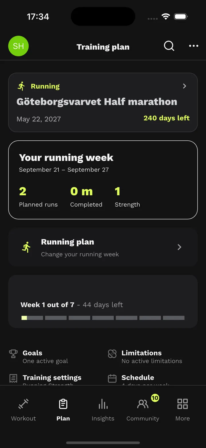 The running plan in the app with the week's sessions.